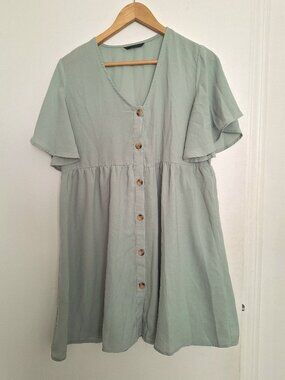 Mint Green Button-up Mini Dress Short Flutter Sleeves Size M